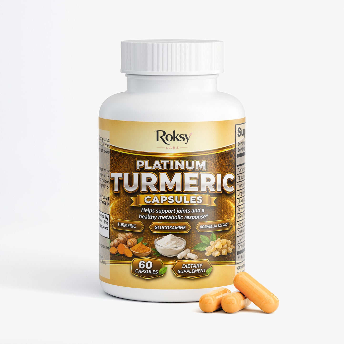Roksy Platinum Turmeric Capsules in a bottle with 60 capsules for joint support and metabolic health