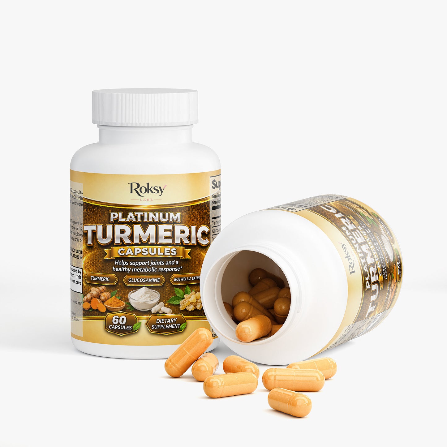 Roksy Platinum turmeric capsules in a bottle, promoting joint health and metabolic support