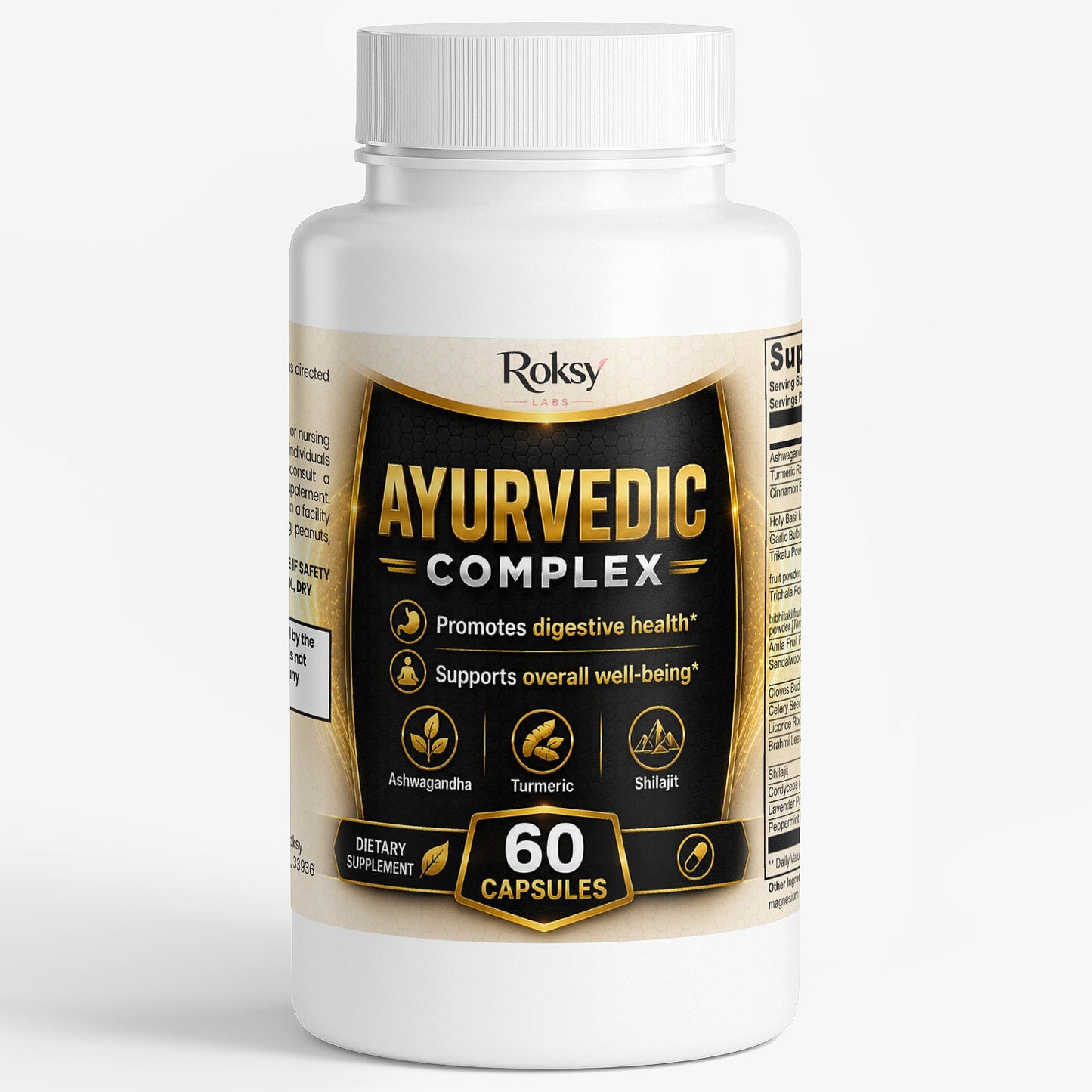 Roksy Ayurvedic Complex Specialty Supplements with ashwagandha withania for digestive health and overall well-being