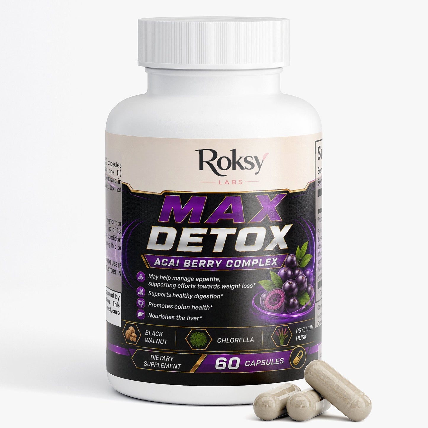 Roksy Max Detox Acai Berry Complex for cleanse colon detox with 60 capsules in a bottle