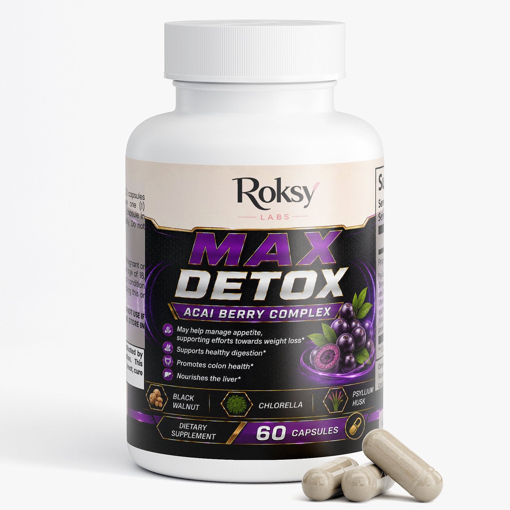 Roksy Max Detox Acai Berry Complex for cleanse colon detox with 60 capsules in a bottle