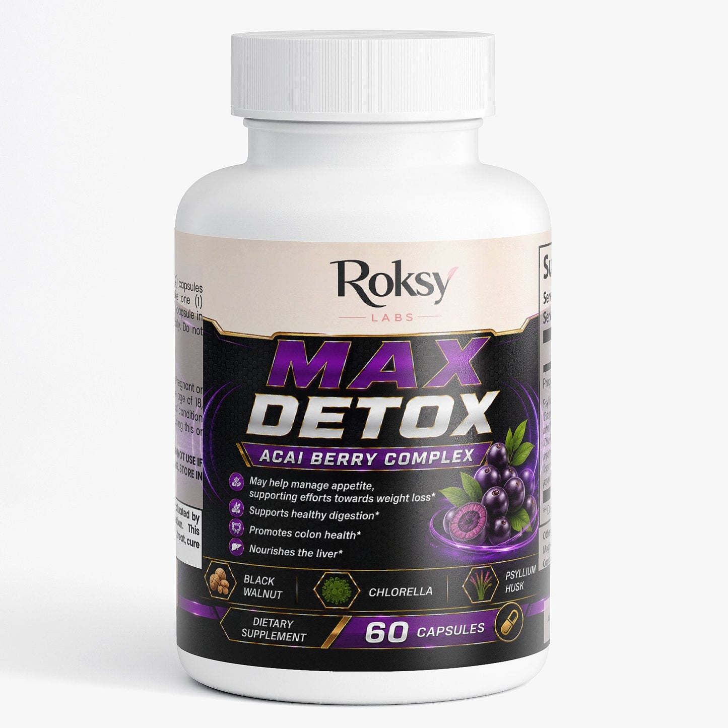 Roksy Max Detox Acai Berry Complex Capsules for cleanse colon detox support with 60 capsules per bottle