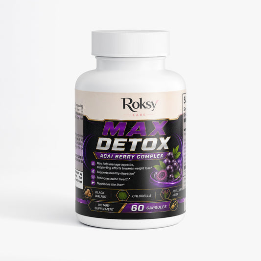Roksy Max Detox Acai Berry Complex Capsules for cleanse colon detox support with 60 capsules per bottle