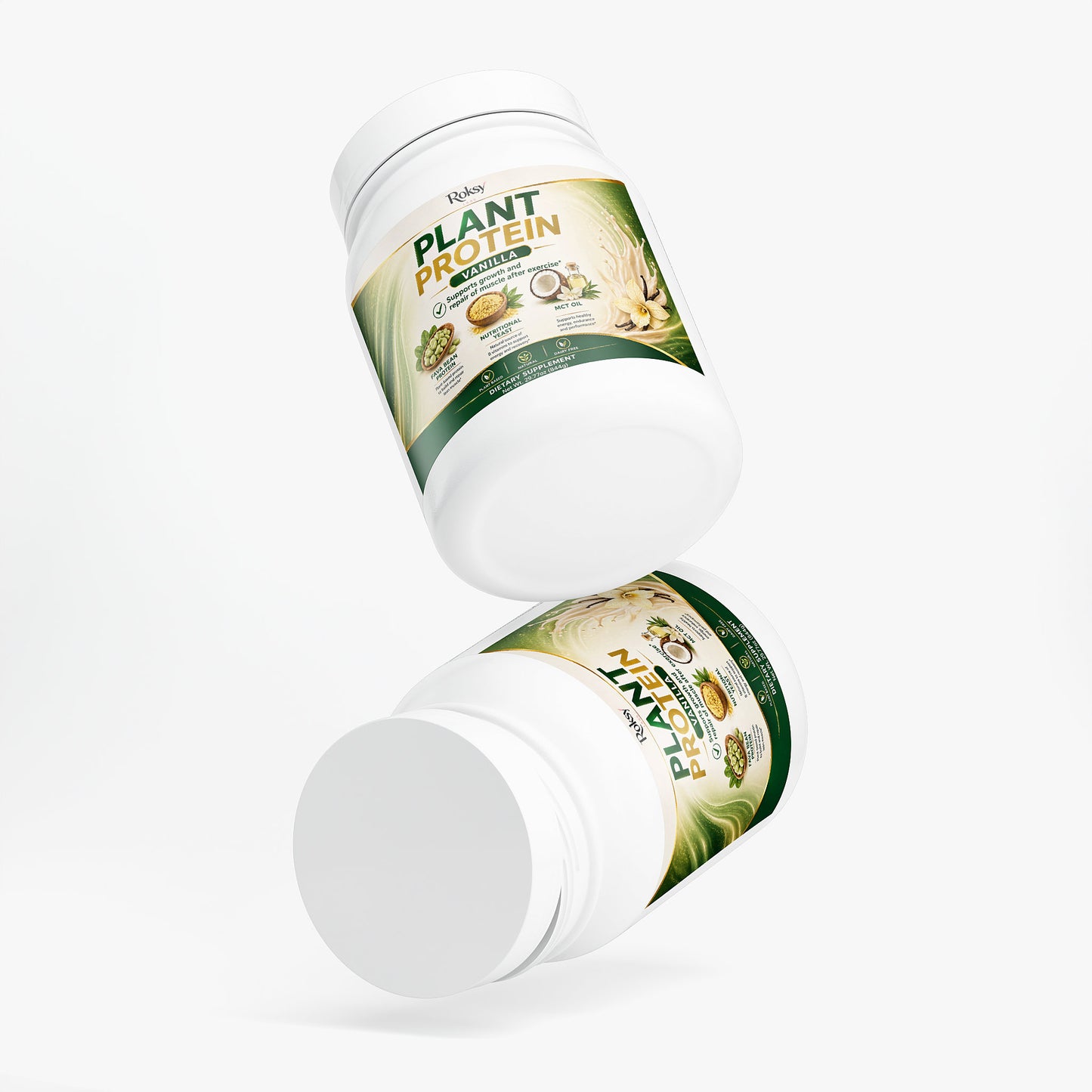 Roksy plant-based powder container featuring high-quality protein plant-based powder for muscle recovery