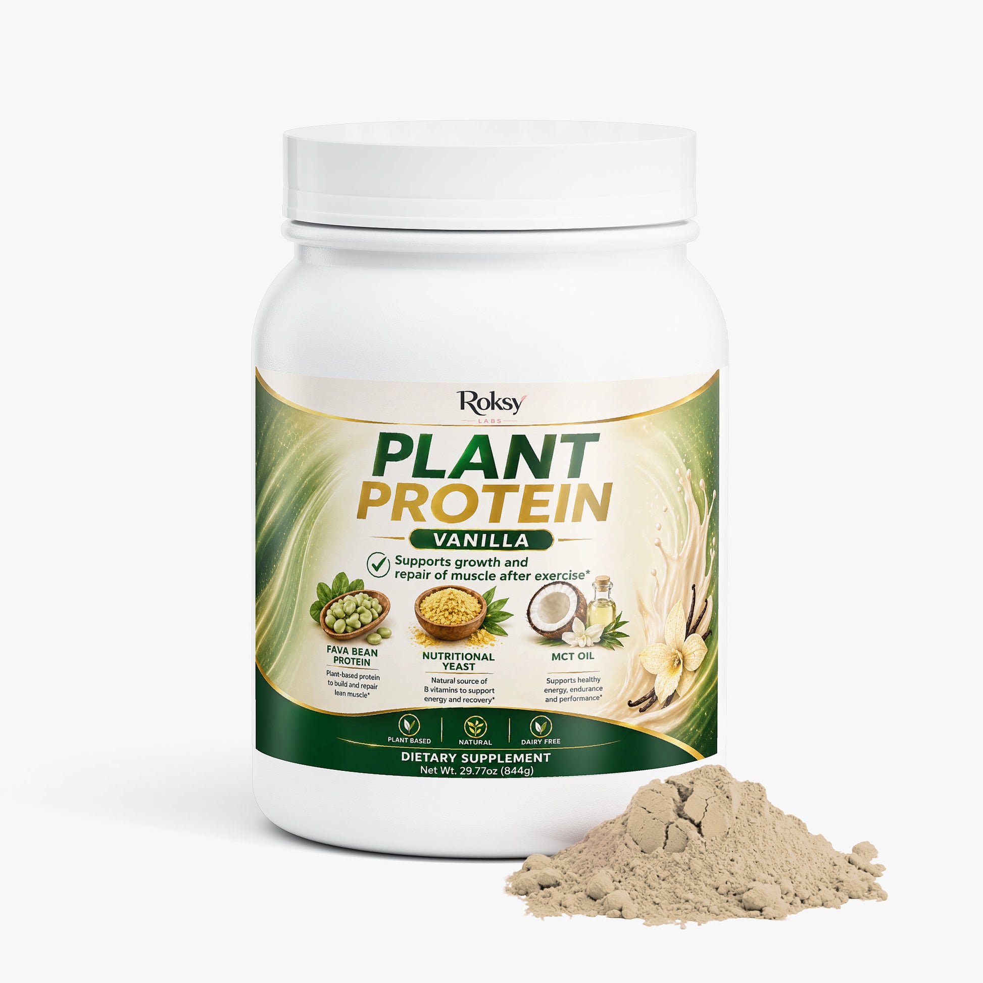 Roksy plant-based powder protein in vanilla flavor for muscle recovery and growth