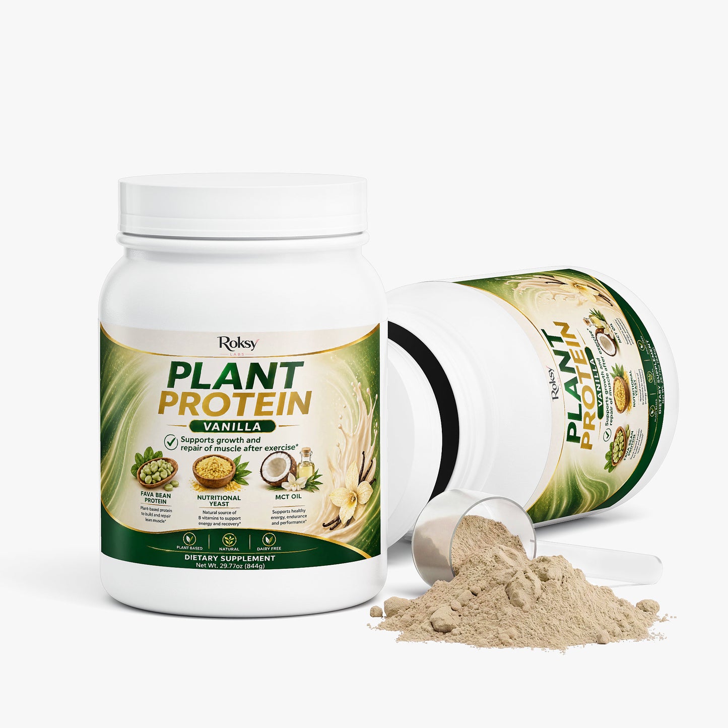 Roksy plant-based protein powder in vanilla flavor with a scoop for easy measuring