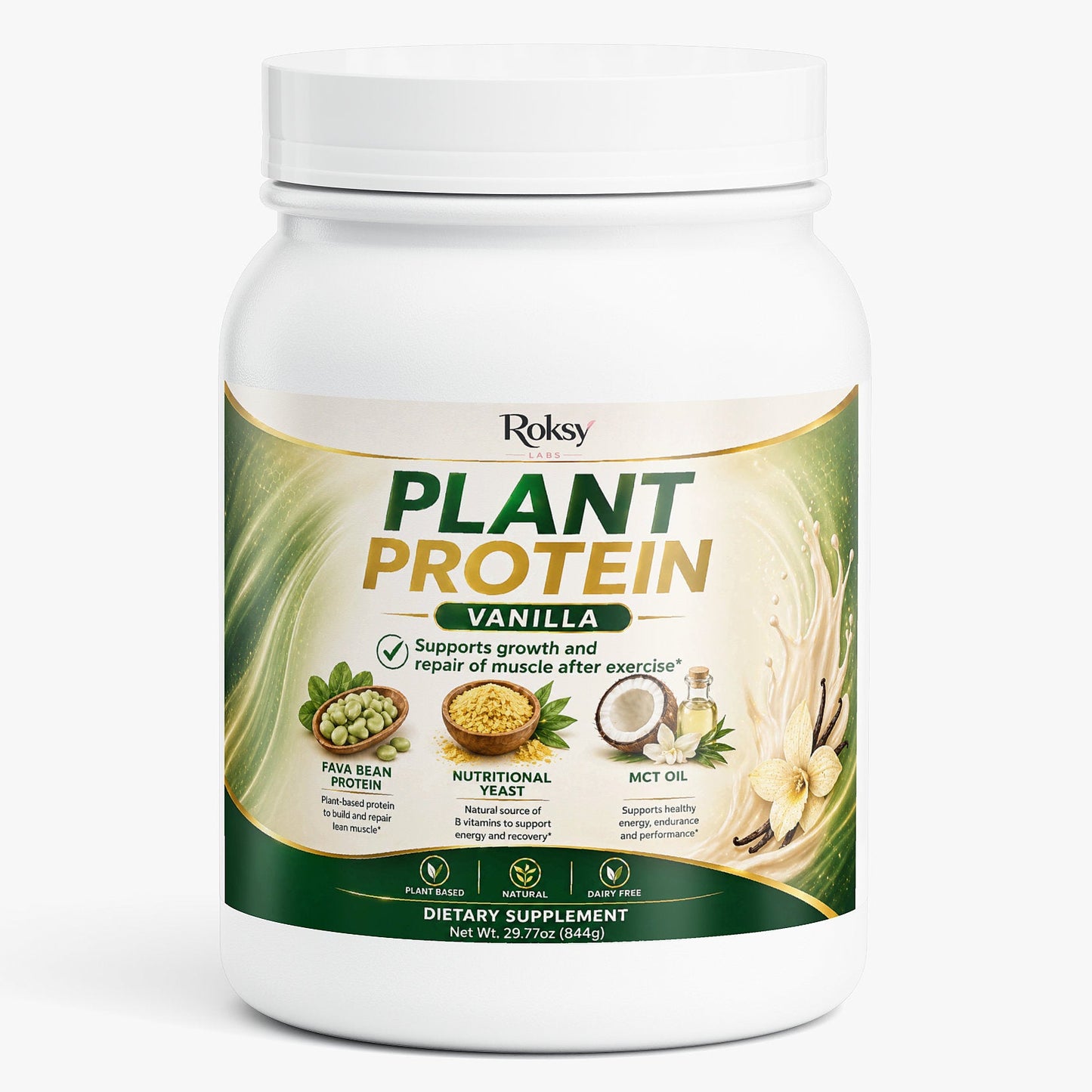 Roksy plant-based protein powder in Vanilla flavor, supports muscle growth and recovery post-exercise