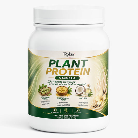 Roksy plant-based protein powder in Vanilla flavor, supports muscle growth and recovery post-exercise