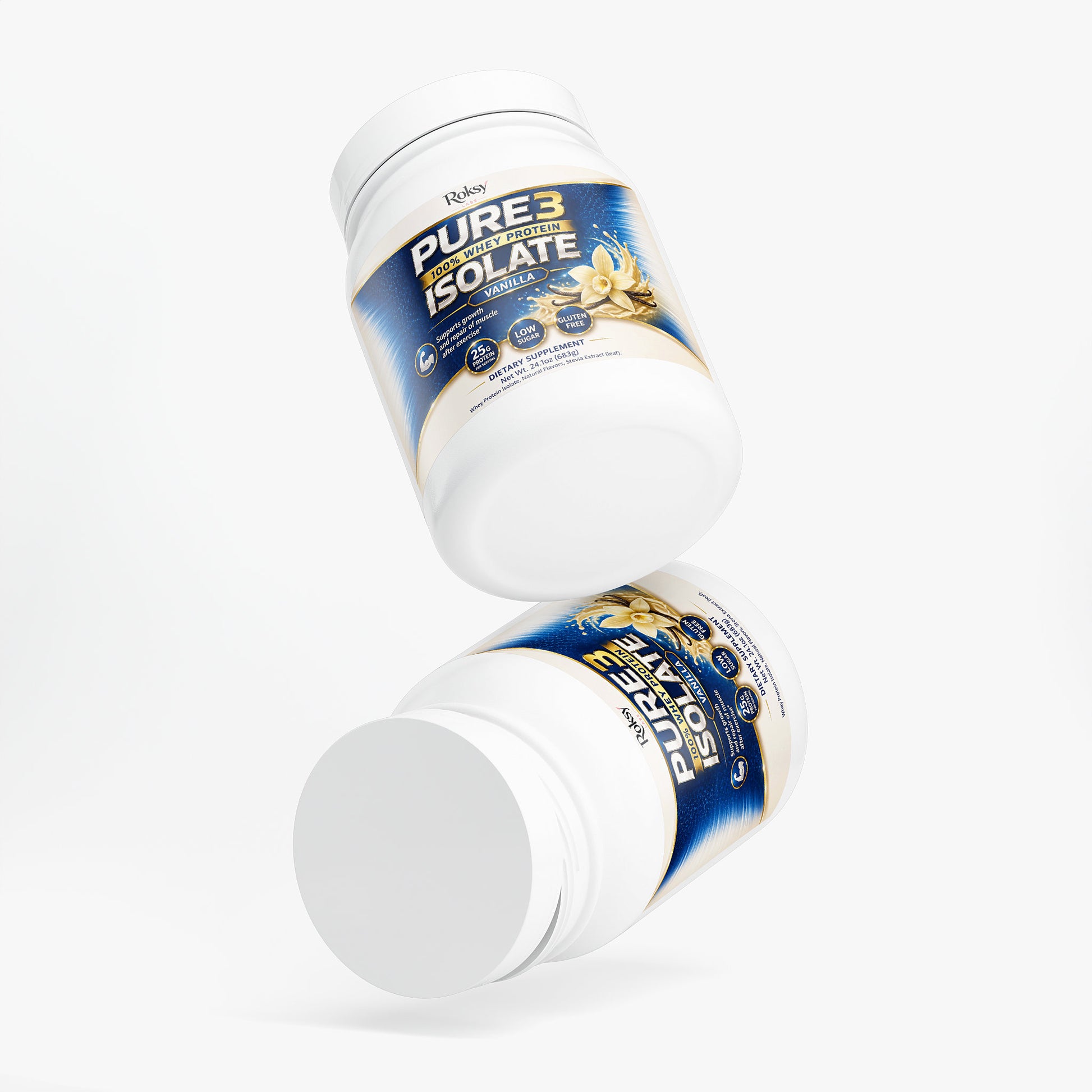Roksy Pure3 Isolate Protein Powder with Vanilla Flavor in a White Container for Muscle Recovery