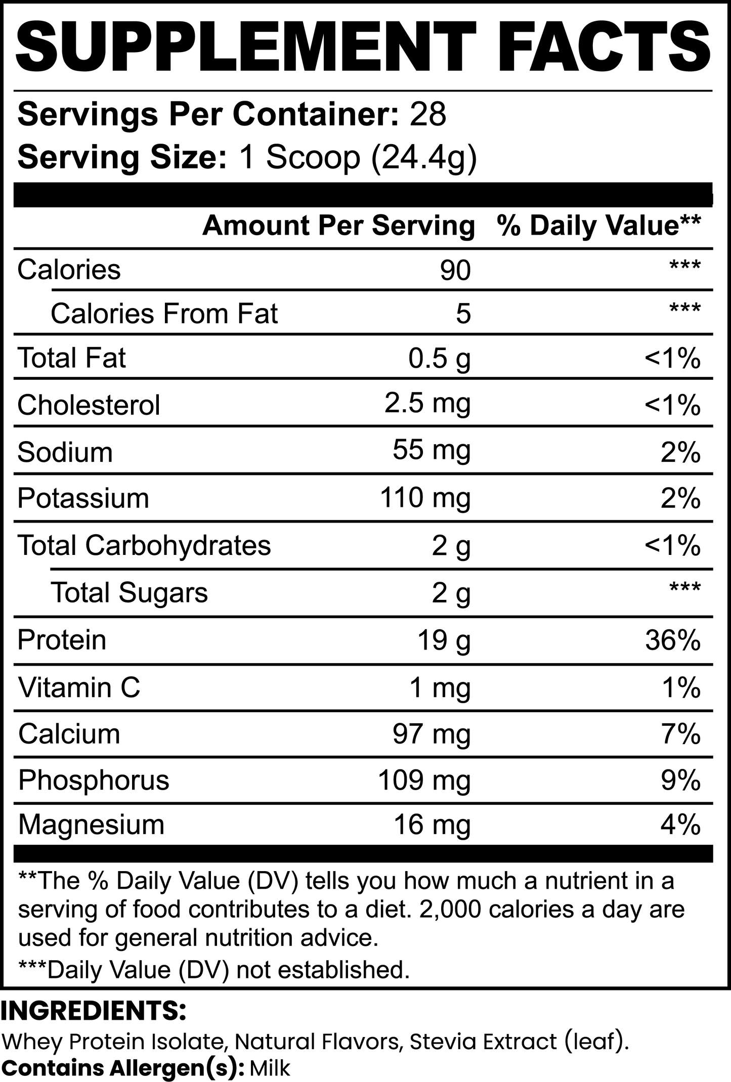 Roksy Protein Powder Supplement Facts with Nutritional Information for 28 Servings