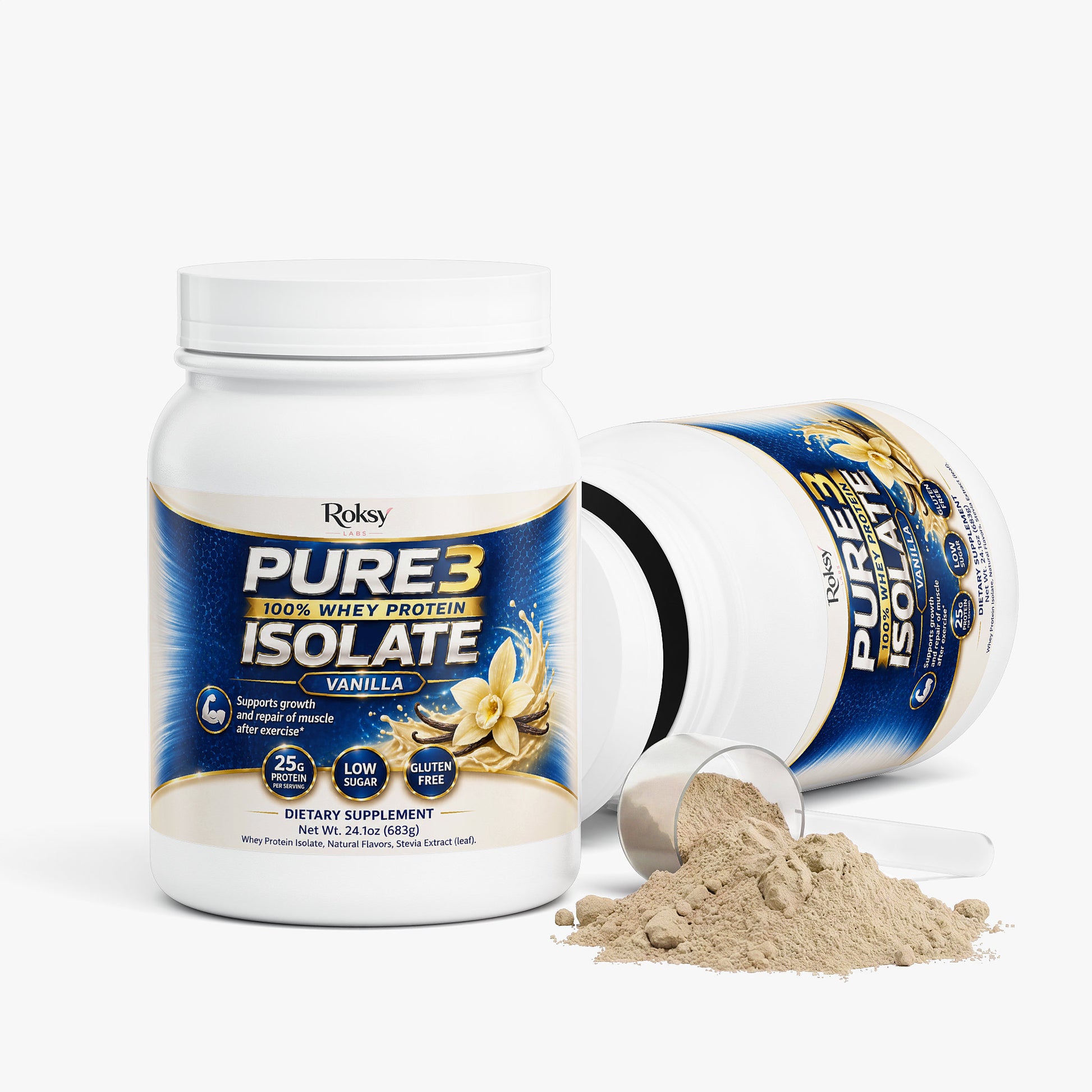 Roksy Pure3 Whey Protein Isolate in Vanilla Flavor for Muscle Recovery with 25g Protein per Serving