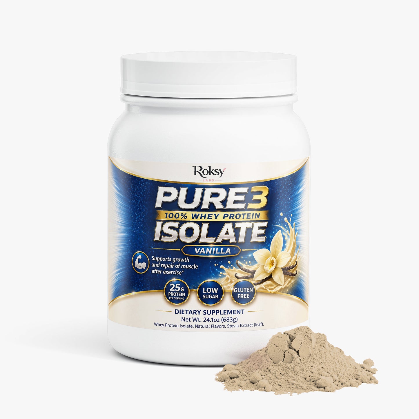Roksy Pure3 100% Whey Protein Isolate in Vanilla flavor with 25g protein per serving, low sugar and gluten free