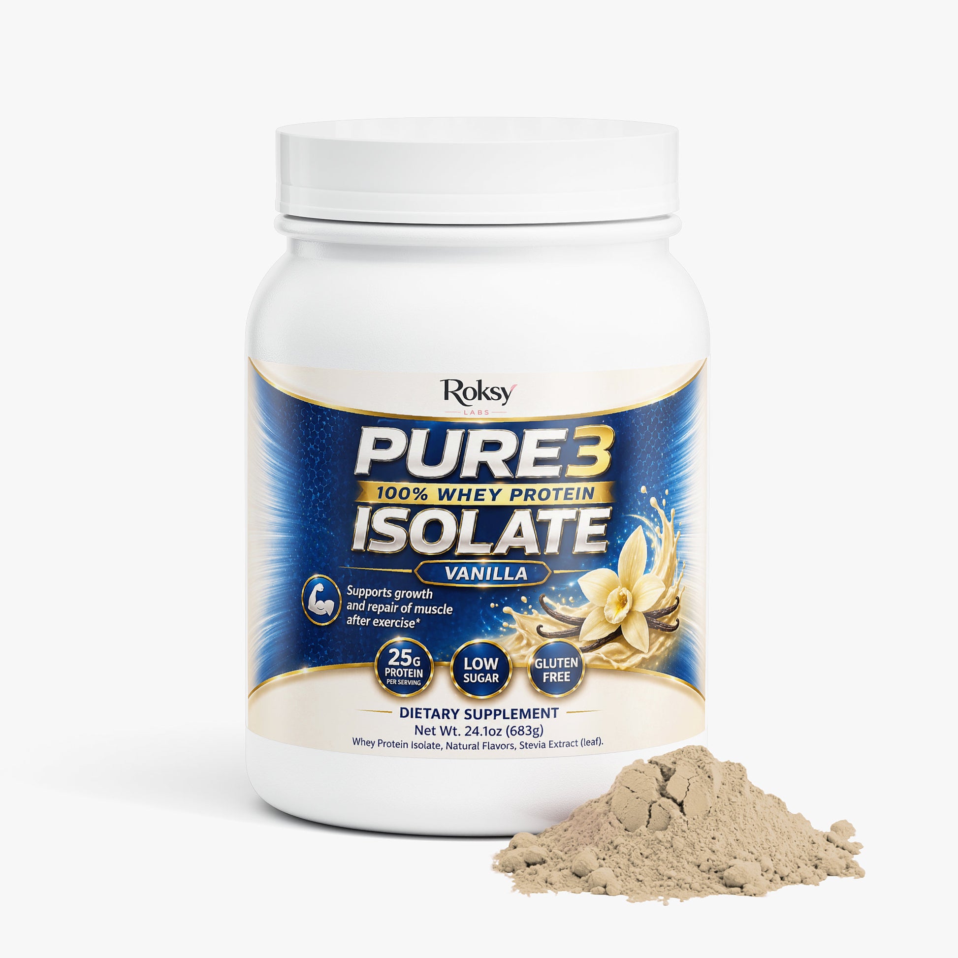 Roksy Pure3 100% Whey Protein Isolate in Vanilla flavor with 25g protein per serving, low sugar and gluten free