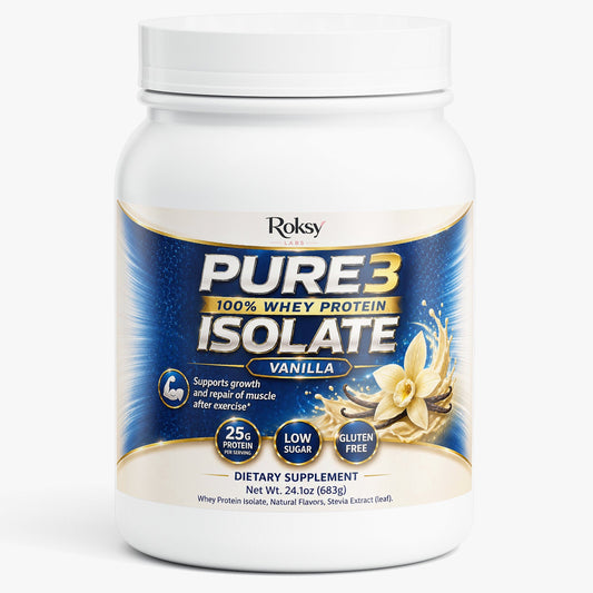 Roksy Pure3 100% Whey Protein Isolate in Vanilla, with 25g protein per serving and low sugar