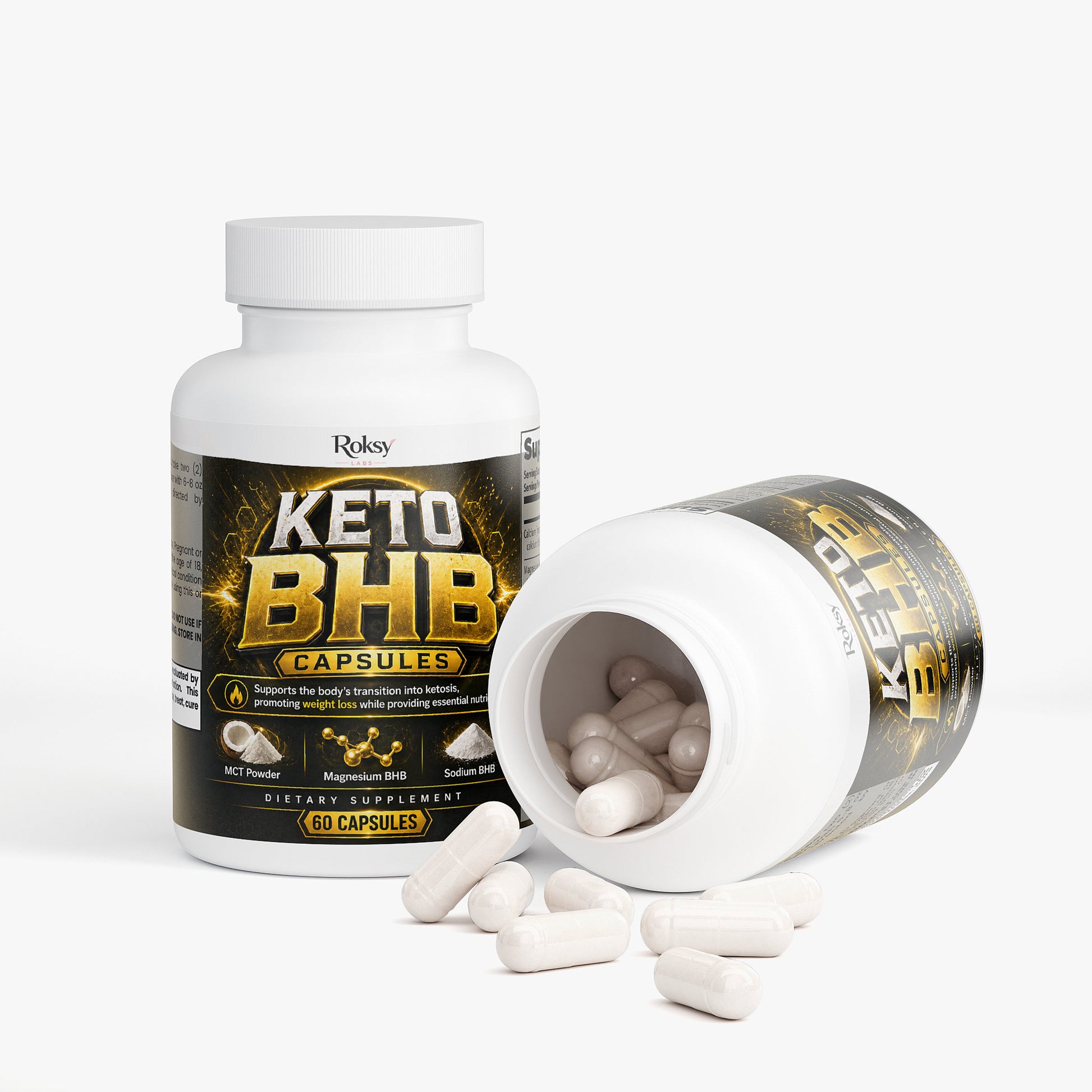 Roksy Keto BHB Capsules for energy support, dietary supplement for keto with 60 capsules in a bottle