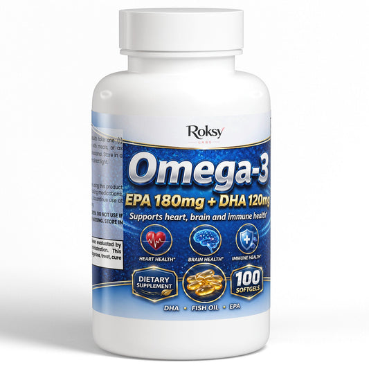 Roksy Omega-3 Fish Oil Dietary Supplement with EPA 180mg and DHA 120mg for heart and brain health