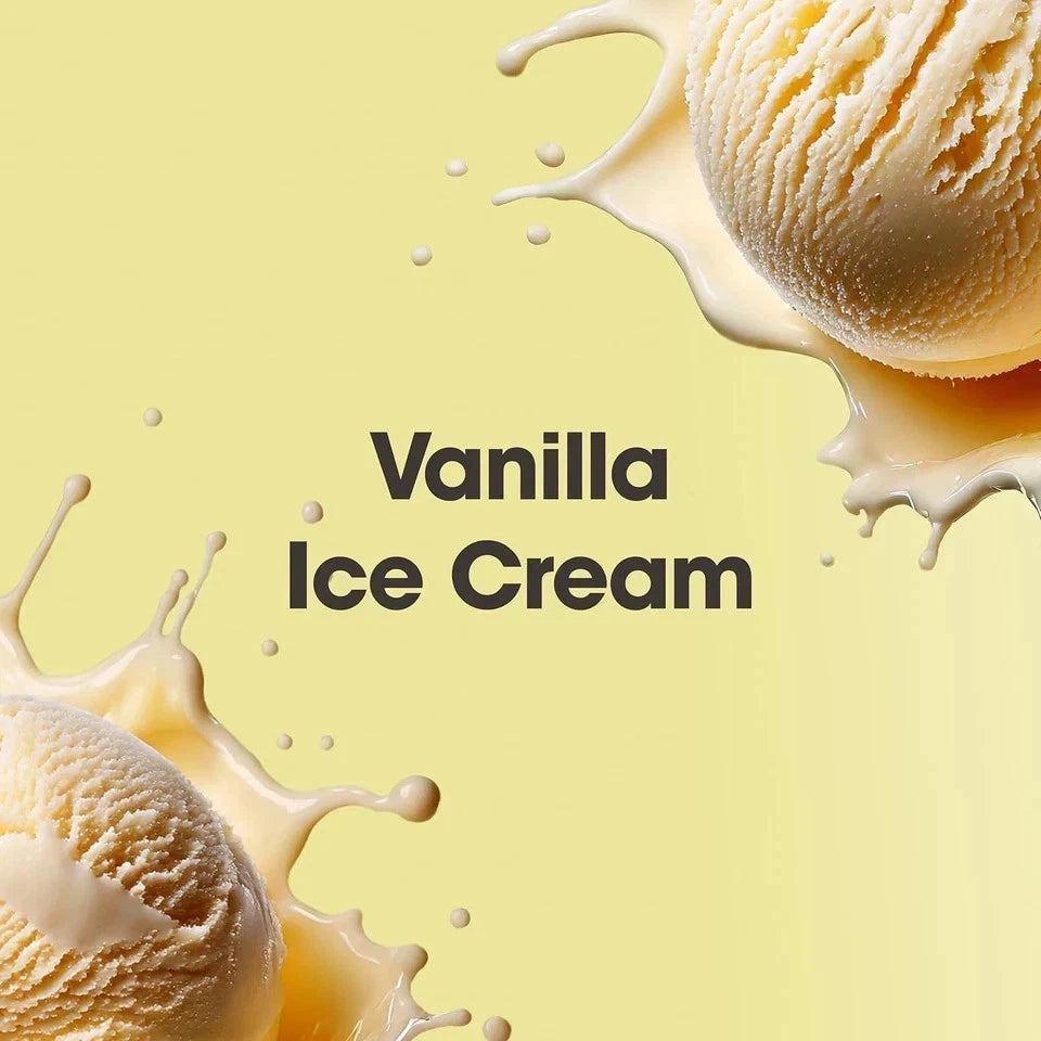 Vanilla ice cream with splashes on a yellow background, featuring the text 'Vanilla Ice Cream'.