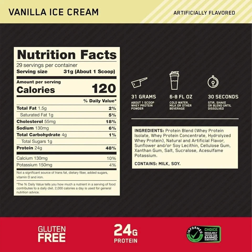 Nutrition facts label for vanilla ice cream with protein content and flavor information.