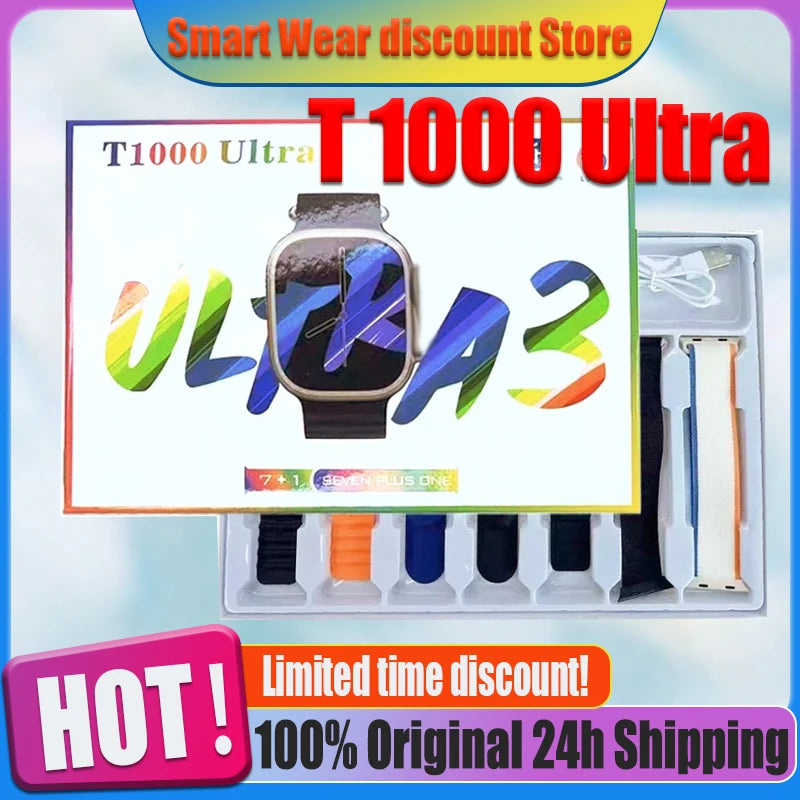 Roksy T1000 Ultra 7 smartwatch with multiple colorful interchangeable bands and charging accessories