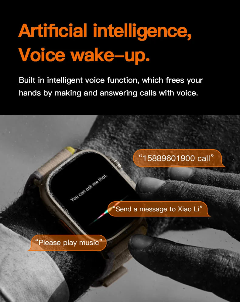 roksy T1000 Ultra 7 smartwatch with artificial intelligence voice wake-up feature for hands-free calls and messages