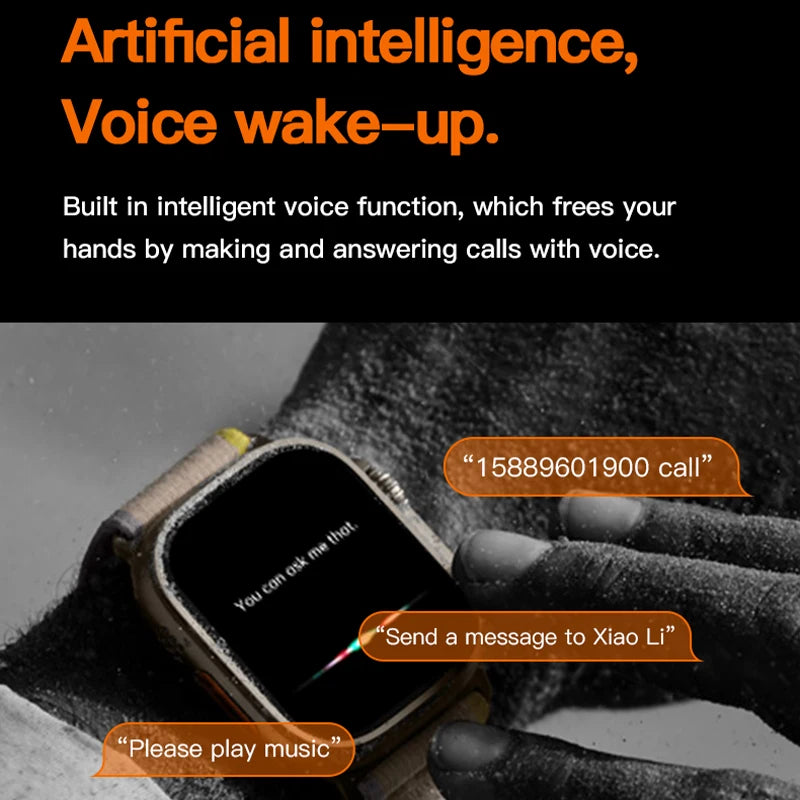 Roksy T1000 Ultra 7 smartwatch displaying voice command functions for calls and music control