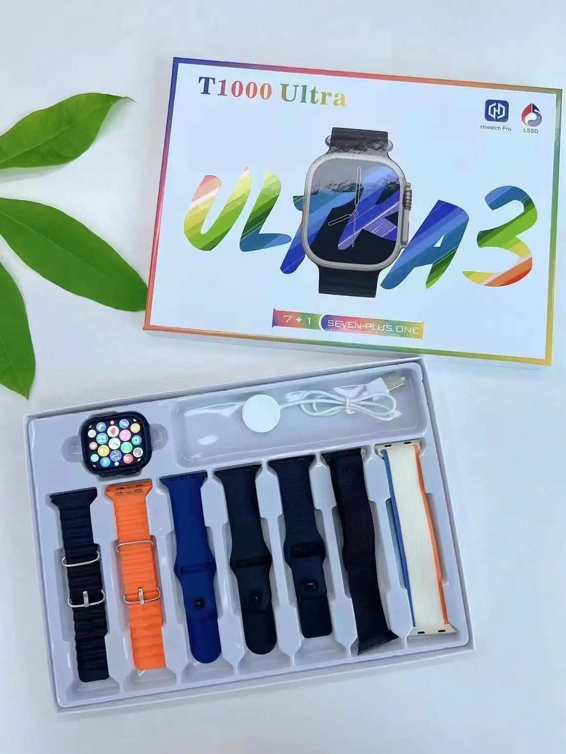 roksy T1000 Ultra 7 smartwatch with multiple interchangeable bands and charging cable in retail packaging
