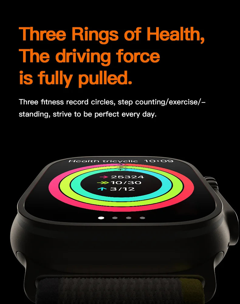 roksy T1000 Ultra 7 smartwatch displaying colorful health rings for fitness tracking and step counting