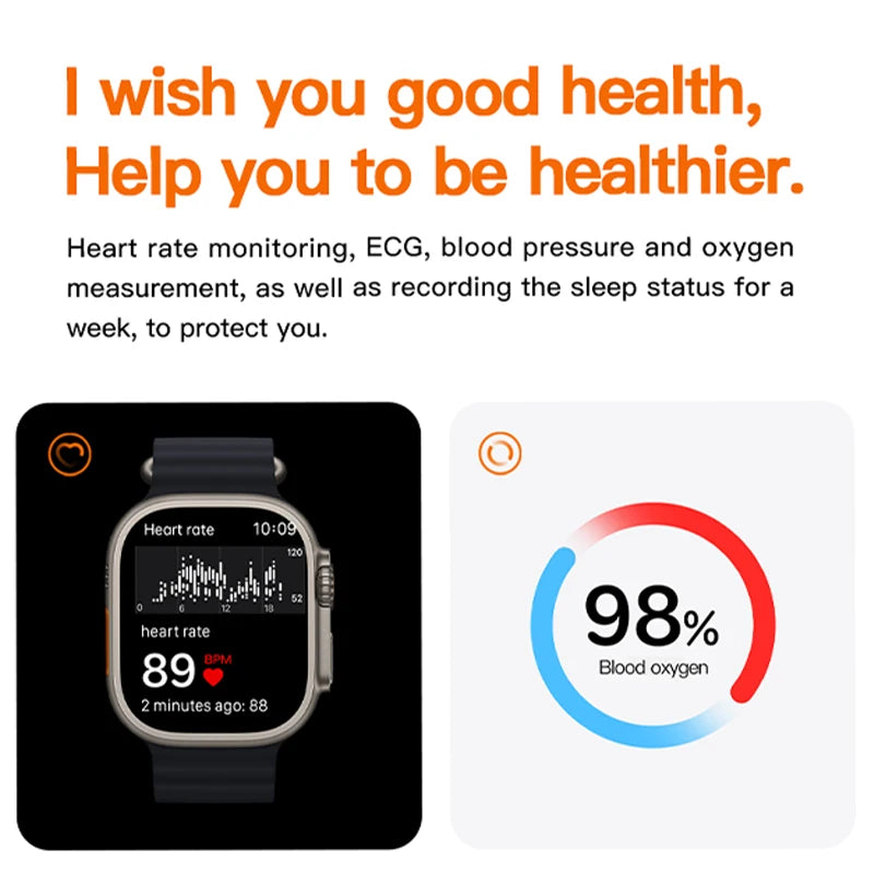 Roksy T1000 Ultra 7 smartwatch showing heart rate monitoring and 98 percent blood oxygen measurement