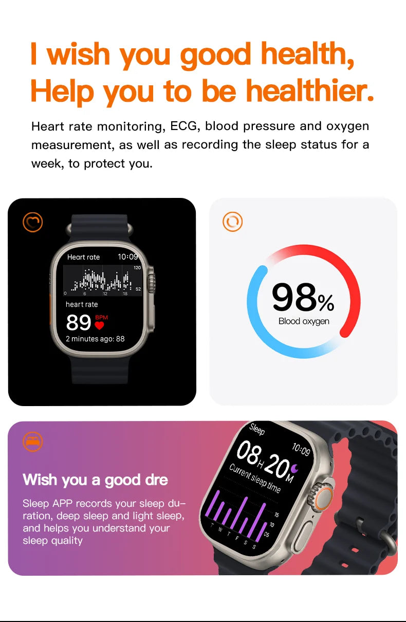 roksy T1000 Ultra 7 smartwatch showing heart rate, blood oxygen, and sleep monitoring features