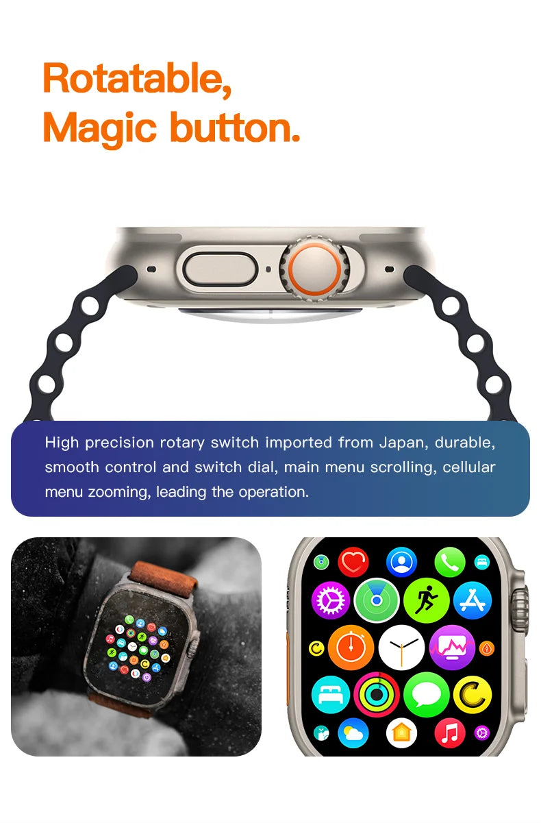 roksy T1000 Ultra 7 smartwatch close-up showing rotatable magic button and app screen display