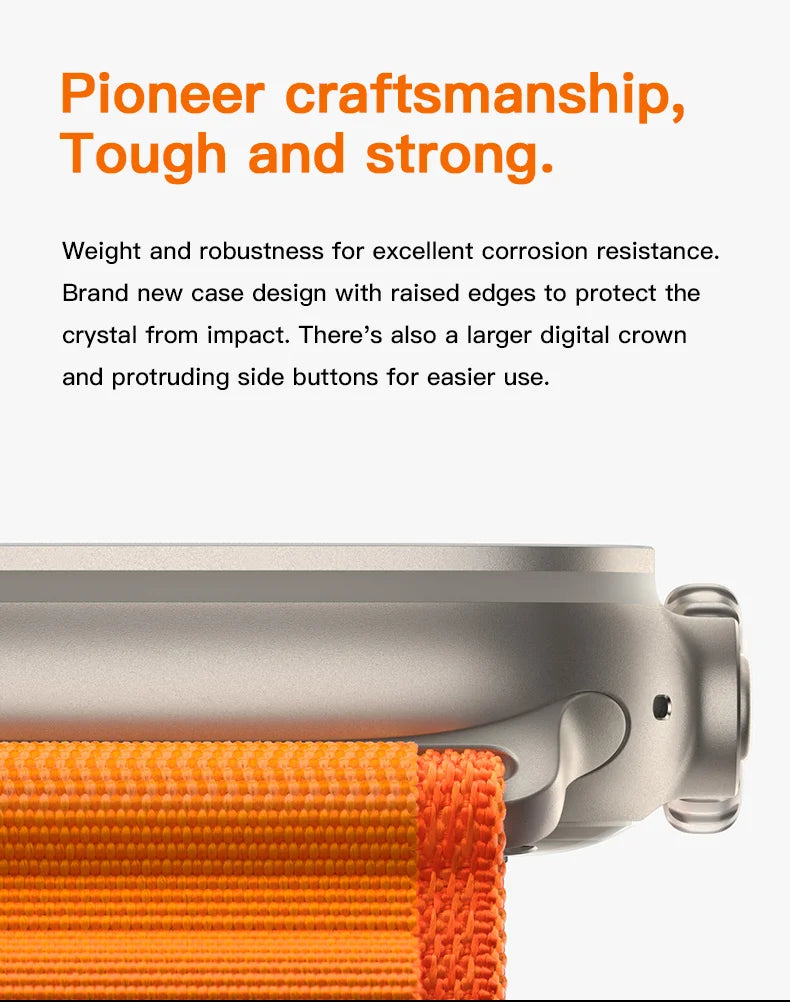 Close-up side view of roksy T1000 Ultra 7 smartwatch showcasing metal case and orange fabric strap