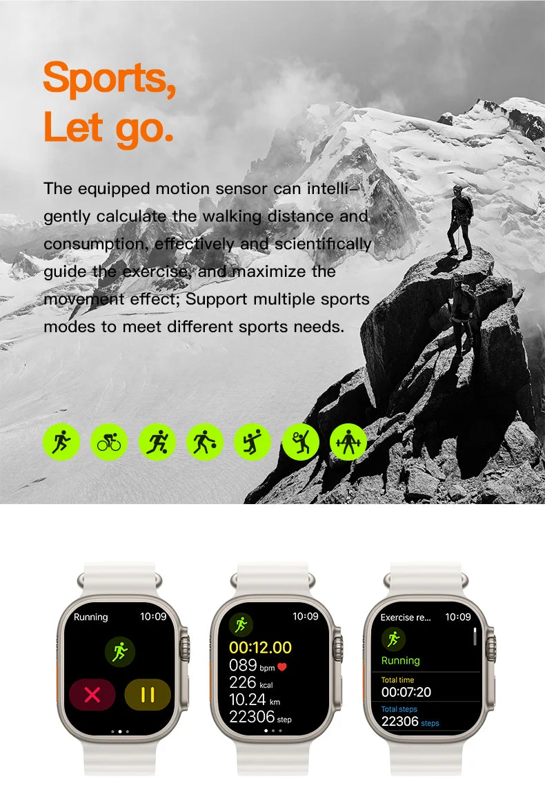 Roksy T1000 Ultra 7 smartwatch displaying running exercise stats and multiple sports modes on a white band