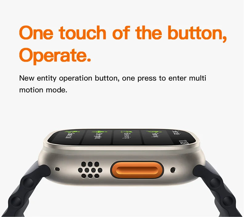 Roksy T1000 Ultra 7 smartwatch side view showing new orange operation button for multi motion mode