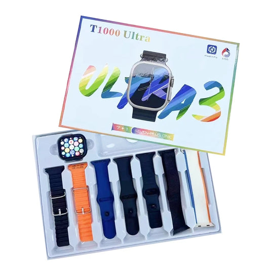 roksy T1000 Ultra 7 smartwatch with seven interchangeable straps in various colors and styles
