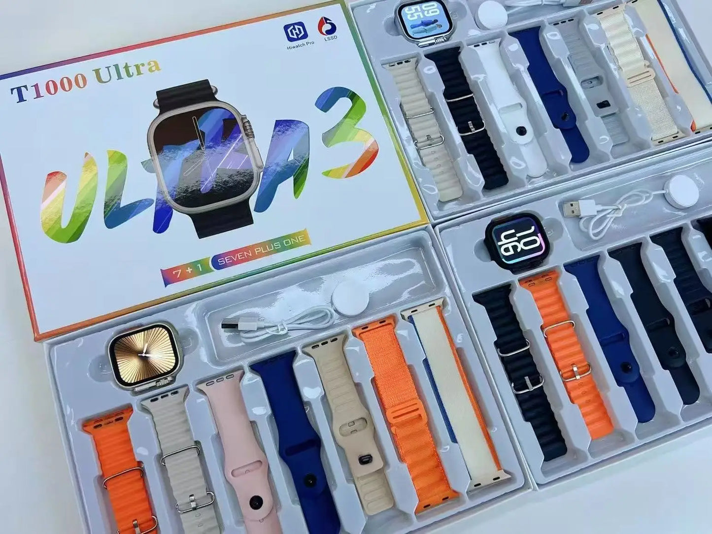 Roksy T1000 Ultra 7 smartwatch with multiple interchangeable colorful bands and charging cables