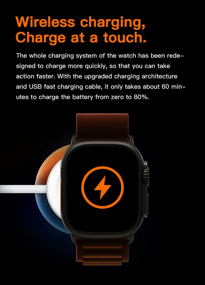 Roksy T1000 Ultra 7 smartwatch on wireless charger showing fast charging feature
